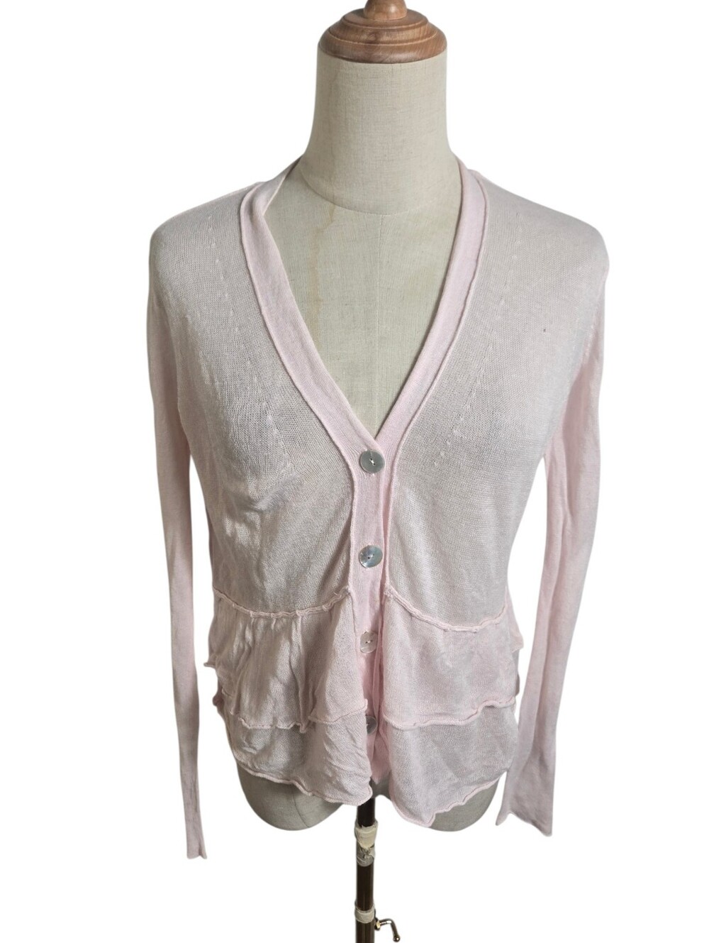 J. Jill Light Pink Sheer Women's V-Neck Ruffle Hem Cardigan